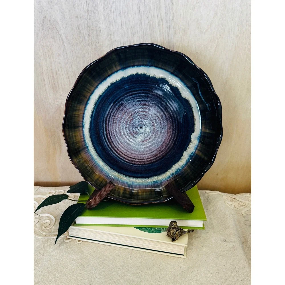 Studio Pottery Reactive Glaze Scalloped Bowl Blue Purple Amber French Country